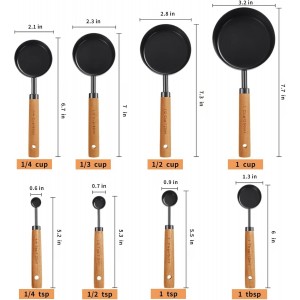 8-Piece Food-Grade Measuring Cups and Spoons Set, Nonstick Black Kitchen Measure Set with Non-Slip Wooden Handle, Engraved US & Metric Markings for Cooking & Baking