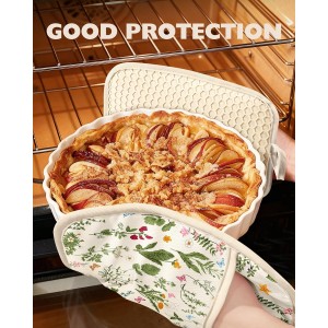 Slohif Silcone Flower Pot Holders for Kitchen - 100% Cotton Beige Cute Retro Oven Potholders with Pockets, Heat Resistant Square Thick Hot Pads, House New Home Baking Baker Gifts,2pack