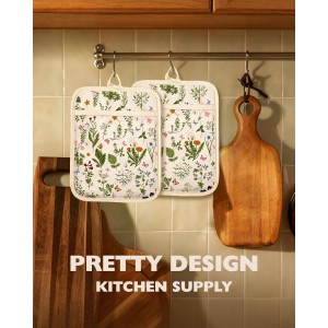 Slohif Silcone Flower Pot Holders for Kitchen - 100% Cotton Beige Cute Retro Oven Potholders with Pockets, Heat Resistant Square Thick Hot Pads, House New Home Baking Baker Gifts,2pack