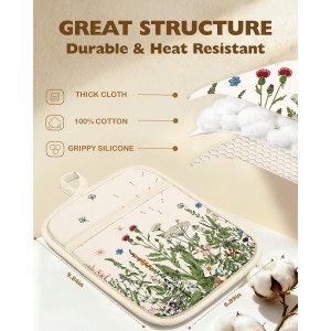Slohif Silcone Flower Pot Holders for Kitchen - 100% Cotton Beige Cute Oven Potholders with Pockets, Heat Resistant Square Thick Hot Pads, House New Home Baking Baker Gifts,2pack