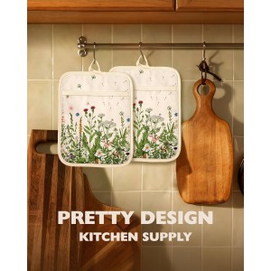 Slohif Silcone Flower Pot Holders for Kitchen - 100% Cotton Beige Cute Oven Potholders with Pockets, Heat Resistant Square Thick Hot Pads, House New Home Baking Baker Gifts,2pack