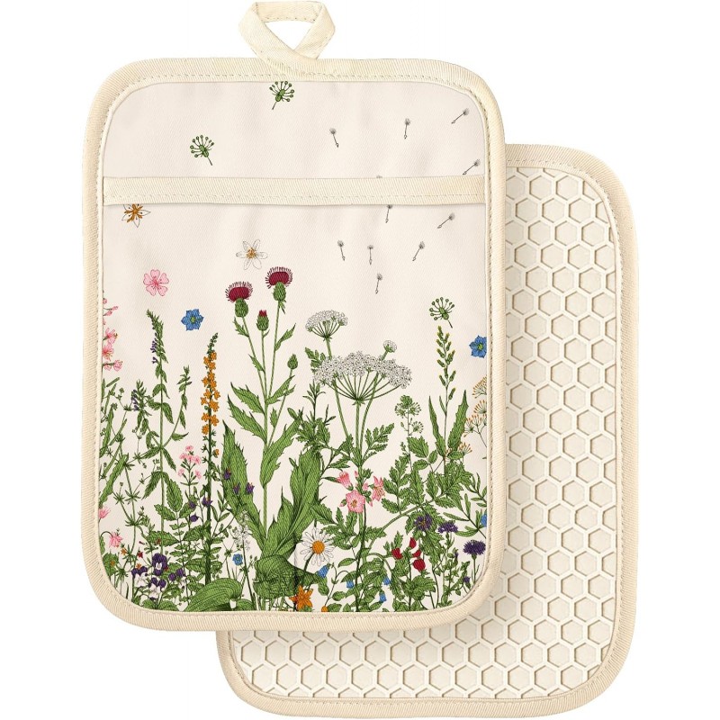 Slohif Silcone Flower Pot Holders for Kitchen - 100% Cotton Beige Cute Oven Potholders with Pockets, Heat Resistant Square Thick Hot Pads, House New Home Baking Baker Gifts,2pack