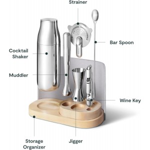 Caraway 9-Piece Complete Bar Set - Cocktail Shaker, Jigger, Muddler, Wine Key, Strainer, Bar Spoon, Storage Organizer, Magnetic Backer - Bartender Accessories - Tools for Home Bartending - Gray