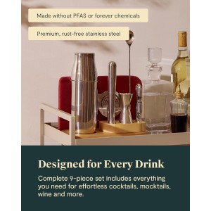 Caraway 9-Piece Complete Bar Set - Cocktail Shaker, Jigger, Muddler, Wine Key, Strainer, Bar Spoon, Storage Organizer, Magnetic Backer - Bartender Accessories - Tools for Home Bartending - Gray