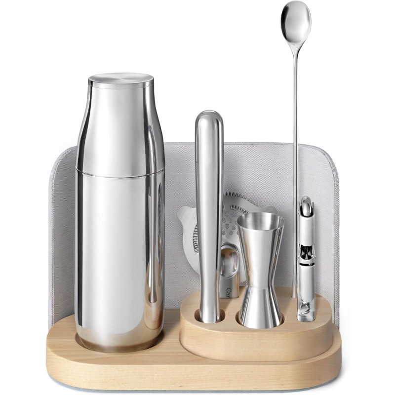 Caraway 9-Piece Complete Bar Set - Cocktail Shaker, Jigger, Muddler, Wine Key, Strainer, Bar Spoon, Storage Organizer, Magnetic Backer - Bartender Accessories - Tools for Home Bartending - Gray