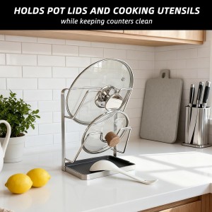 304 Stainless Steel Pot Lid Holder Spoon Rest,2 Tier Multifunctional Lid Organizer Rack with Detachable Drip Tray for Stove Top, Countertop Cabinet Storage While Cooking