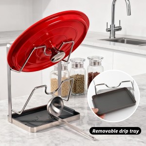 304 Stainless Steel Pot Lid Holder Spoon Rest,2 Tier Multifunctional Lid Organizer Rack with Detachable Drip Tray for Stove Top, Countertop Cabinet Storage While Cooking