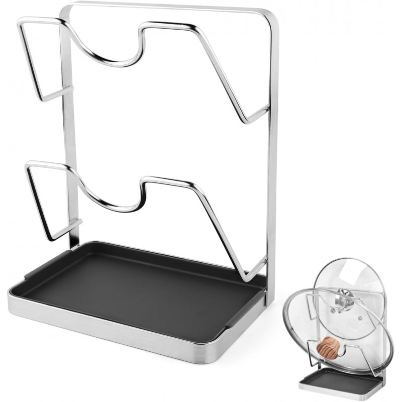 304 Stainless Steel Pot Lid Holder Spoon Rest,2 Tier Multifunctional Lid Organizer Rack with Detachable Drip Tray for Stove Top, Countertop Cabinet Storage While Cooking