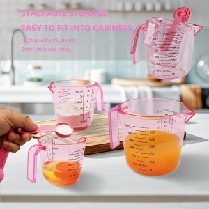 Pink Plastic Measuring cup Measuring spoon Set: 3 Stackable Liquid Measuring Cups 150/300/600ml and 5 Spoons 1.25-15ml, Used to Create Pink Kitchen Themes, Baking, Cooking