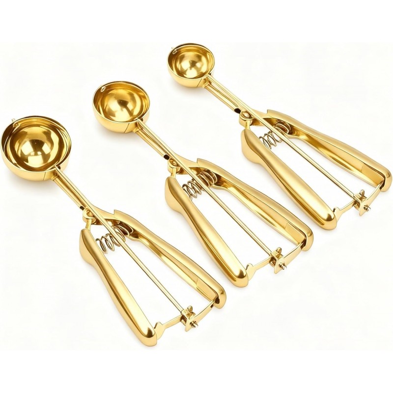 Gold Ice cream spoon,3Pcs Cookie Scoop Set,Stainless steel ice cream scoop with trigger release,Tablespoons,dough scoop,3 Sizes (S/M/L)