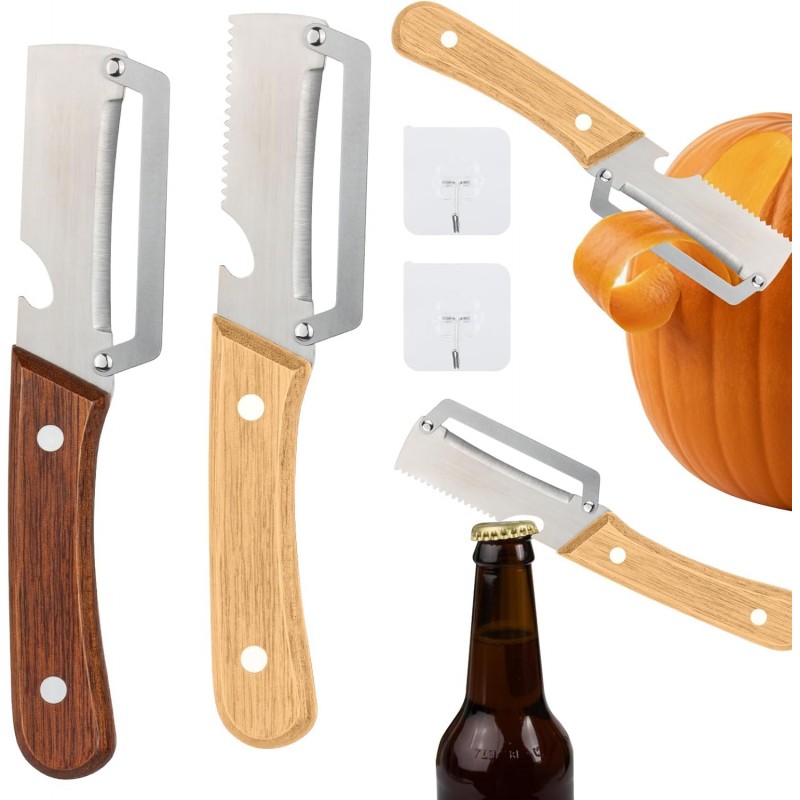 2 Pcs Multi-Functional Vegetable Peeler for Kitchen, Features Solid Wood Handles, Stainless Steel Blade, with Bottle Opener, Kitchen Peeling Tool for Fruits Potatoes Apples Carrots Zucchini