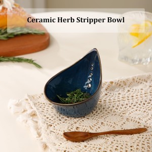 Herb Stripper Bowl, Ceramic Herb Peeling Bowl, Kitchen Herbs Leaf Stripping Tool, Pottery Herb Peeler for Kale, Thyme, Basil, Rosemary Stripper (Blue)