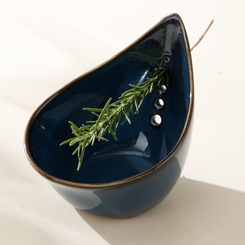 Herb Stripper Bowl, Ceramic Herb Peeling Bowl, Kitchen Herbs Leaf Stripping Tool, Pottery Herb Peeler for Kale, Thyme, Basil, Rosemary Stripper (Blue)