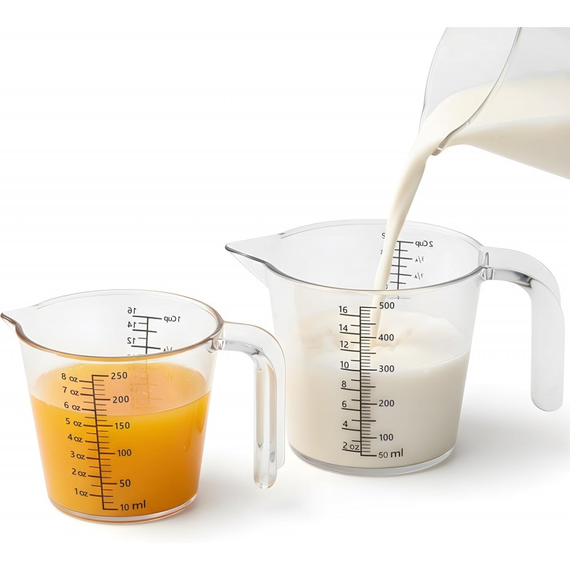 Laser-Etched Measuring Cup Set, 8 oz & 16 oz Clear Plastic Liquid Measuring Cups, Permanent oz/cup/Tbsp/mL Markings, Food-Grade for Baking & Cooking