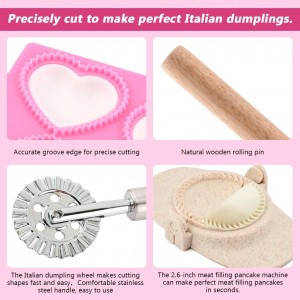6 PCS Ravioli Maker Press, Heart Ravioli Maker Press, Stainless Steel Rolling Wheel, Wood Rolling Pin, Dumpling Maker, Dough Cutter, Filling Spoon, Easy to Use for Home Kitchen