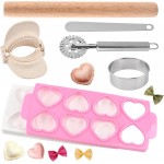 6 PCS Ravioli Maker Press, Heart Ravioli Maker Press, Stainless Steel Rolling Wheel, Wood Rolling Pin, Dumpling Maker, Dough Cutter, Filling Spoon, Easy to Use for Home Kitchen