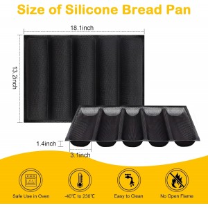 5-Loaf Silicone Perforated Baking Forms for Baguette, French & Sandwich Bread, Perforated Baking Mat Design, Reusable Non-Stick Silicone Mold (18.11x13.19inch, Black)
