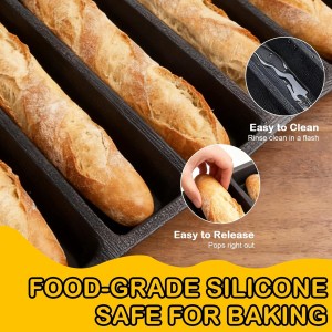 5-Loaf Silicone Perforated Baking Forms for Baguette, French & Sandwich Bread, Perforated Baking Mat Design, Reusable Non-Stick Silicone Mold (18.11x13.19inch, Black)