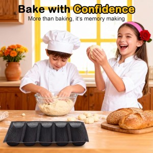 5-Loaf Silicone Perforated Baking Forms for Baguette, French & Sandwich Bread, Perforated Baking Mat Design, Reusable Non-Stick Silicone Mold (18.11x13.19inch, Black)