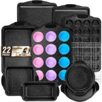 Baking Pans Set Nonstick, Bakeware Sets Stackable with Silicone Handles, AIVIKI 22 Pieces Oven Pan for Cooking Including Baking Cookie Sheet with Rack, Roast Pan, Cake Pan, Loaf Pan, Muffin Pan, Black