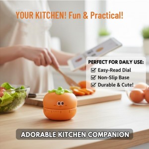 Cute Kitchen Timer with 60-Minute Mechanism, Orange Persimmon Design, Non-Slip Base, Easy-Read Dial, Mechanical Countdown for Cooking and Baking