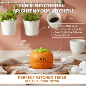 Cute Kitchen Timer with 60-Minute Mechanism, Orange Persimmon Design, Non-Slip Base, Easy-Read Dial, Mechanical Countdown for Cooking and Baking