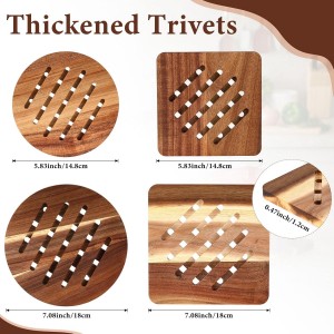 4 Pcs Acacia Trivet Mat Set 5.8inch 7inch Thicken Acacia Wood Hot Pads Trivets Heat Resistant Pads for Hot Dishes Pot Bowl Teapot, 2 Square 2 Round