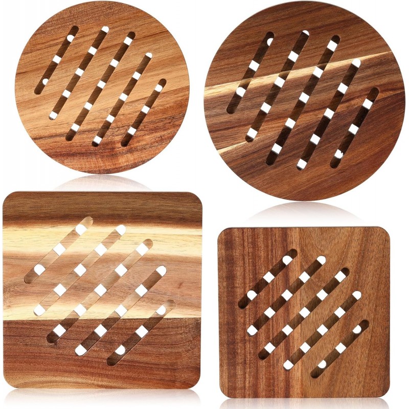 4 Pcs Acacia Trivet Mat Set 5.8inch 7inch Thicken Acacia Wood Hot Pads Trivets Heat Resistant Pads for Hot Dishes Pot Bowl Teapot, 2 Square 2 Round