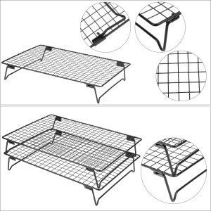 QWORK Stackable Cooling Racks for Baking and Cooking, 2 Pack 13.4x9.4 Inch Nonstick Carbon Steel Wire Rack, Foldable Cooling Rack