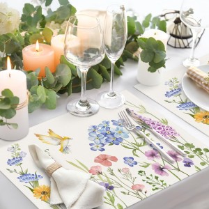 Bonhause Spring Floral Placemats Set of 4, 12x18 Inch Garden Flowers Birds Seasonal Summer Kitchen Dining Table Mats Washable Place Mats for Indoor Outdoor Home Party Decor