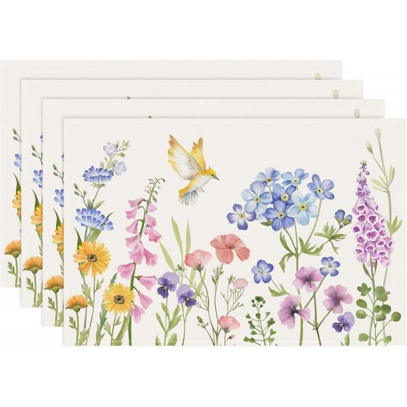 Bonhause Spring Floral Placemats Set of 4, 12x18 Inch Garden Flowers Birds Seasonal Summer Kitchen Dining Table Mats Washable Place Mats for Indoor Outdoor Home Party Decor