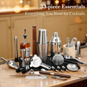 33-Piece Professional Bartender Kit with Weighted Boston Shaker – High End Mixology Set for Home Bar – Stainless Steel Barware Tool Set Unbreakable Citrus Squeezer, Ice Scoop & Mixing Glass