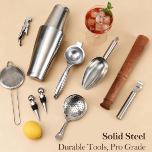 33-Piece Professional Bartender Kit with Weighted Boston Shaker – High End Mixology Set for Home Bar – Stainless Steel Barware Tool Set Unbreakable Citrus Squeezer, Ice Scoop & Mixing Glass
