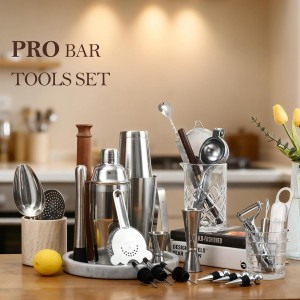 33-Piece Professional Bartender Kit with Weighted Boston Shaker – High End Mixology Set for Home Bar – Stainless Steel Barware Tool Set Unbreakable Citrus Squeezer, Ice Scoop & Mixing Glass