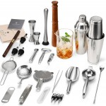 33-Piece Professional Bartender Kit with Weighted Boston Shaker – High End Mixology Set for Home Bar – Stainless Steel Barware Tool Set Unbreakable Citrus Squeezer, Ice Scoop & Mixing Glass