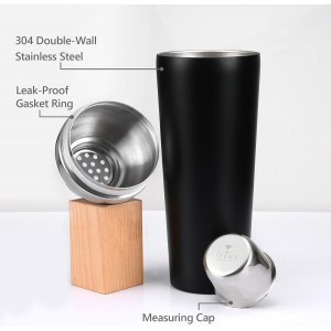 Insulated Cocktail Shaker Black - 23oz Double Wall Vacuum Stainless Steel Martini Shaker with Built-in Strainer & Jigger Lid, Pro Leak-Proof Weighted Shaker for Home Bar, Premium Bar Gift Set