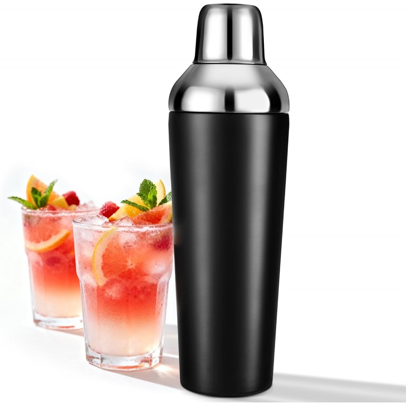 Insulated Cocktail Shaker Black - 23oz Double Wall Vacuum Stainless Steel Martini Shaker with Built-in Strainer & Jigger Lid, Pro Leak-Proof Weighted Shaker for Home Bar, Premium Bar Gift Set