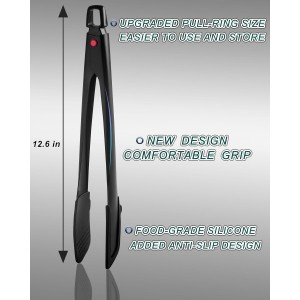Professional Stainless Steel Kitchen Tongs, Food-Grade Silicone Anti-Slip Design with Comfortable Grip, Multi-Purpose for Salad Serving, BBQ and Cooking- 12'' Black