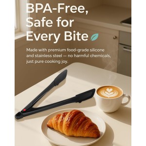 Professional Stainless Steel Kitchen Tongs, Food-Grade Silicone Anti-Slip Design with Comfortable Grip, Multi-Purpose for Salad Serving, BBQ and Cooking- 12'' Black