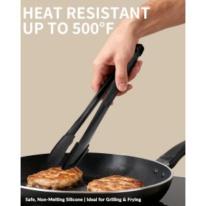 Professional Stainless Steel Kitchen Tongs, Food-Grade Silicone Anti-Slip Design with Comfortable Grip, Multi-Purpose for Salad Serving, BBQ and Cooking- 12'' Black