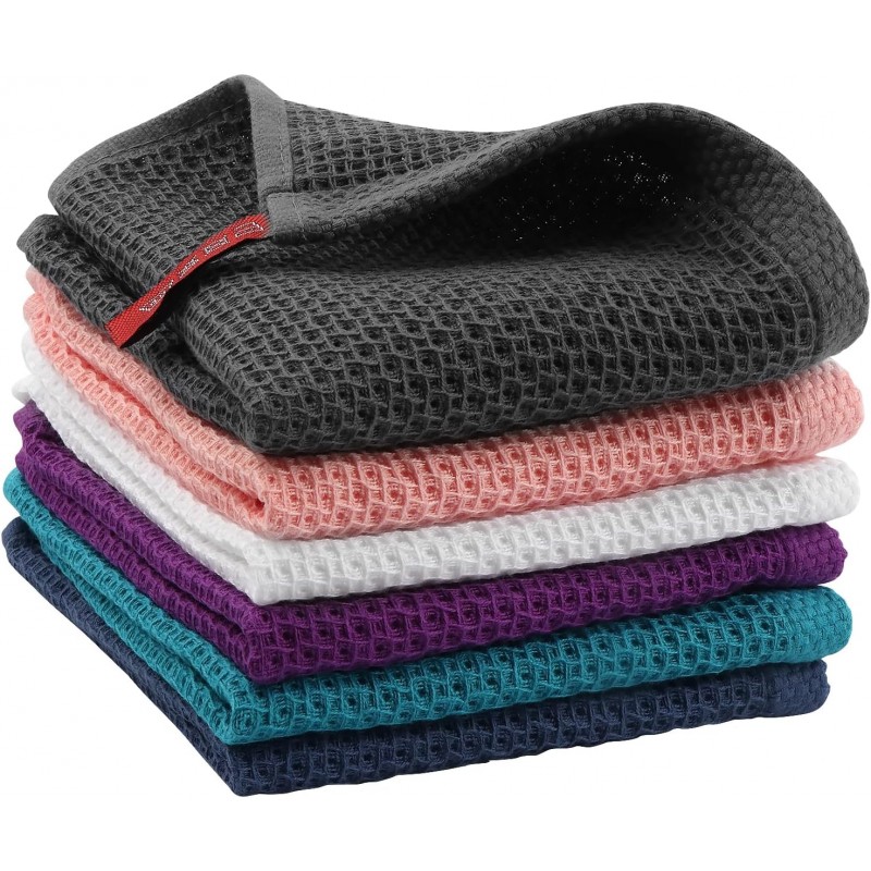 100% Cotton Waffle Weave Kitchen Dish Cloths, 6-Pack 12x12 Inch Dark Grey Ultra Soft Absorbent Quick Drying Dish Towels for Drying Dishes & Cleaning, 6 Colors