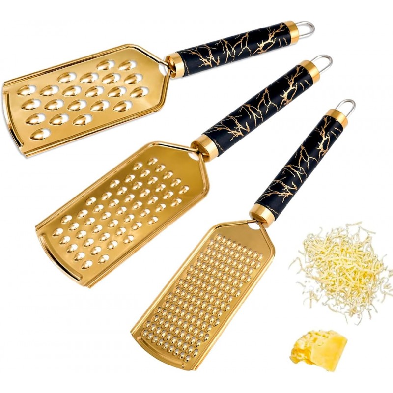 Cheese Graters for Kitchen Stainless Steel Handheld, Metal Lemon Zester Grater with Handle for Cheese, Chocolate, Spices, Professional Kitchen Gadgets And Tools, Soft Grip Handle, Gold