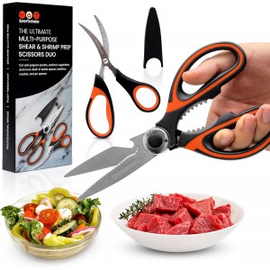 SpartaSake 2-Pack Premium Stainless Steel All Purpose Kitchen Shears with Sleeve - Heavy Duty Ultra Sharp kitchen Scissors for Food-Multipurpose Food Scissors for Meat Poultry Vegetable (Black-Orange)