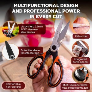 SpartaSake 2-Pack Premium Stainless Steel All Purpose Kitchen Shears with Sleeve - Heavy Duty Ultra Sharp kitchen Scissors for Food-Multipurpose Food Scissors for Meat Poultry Vegetable (Black-Orange)