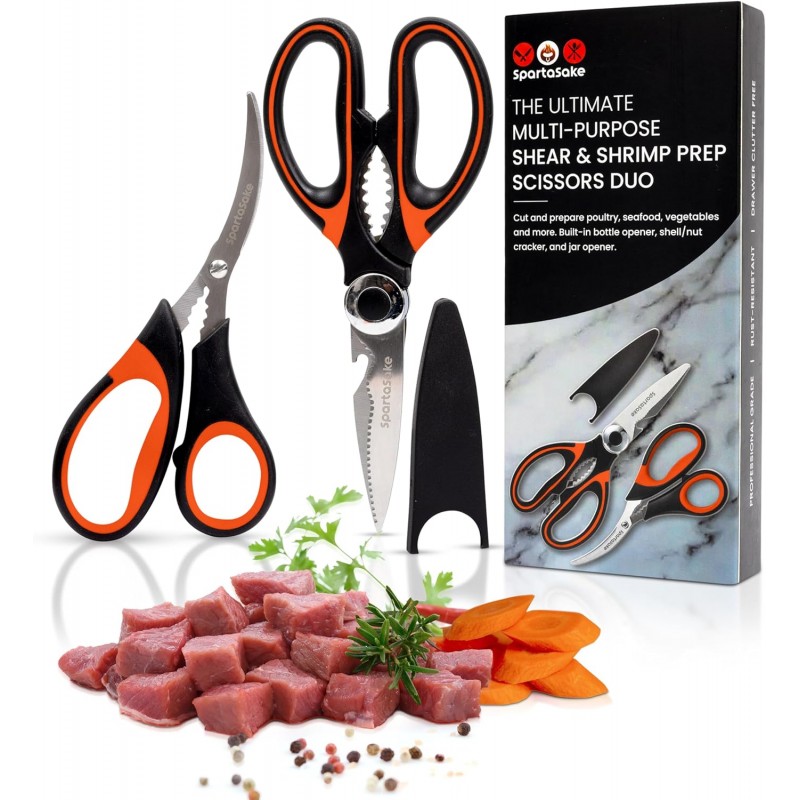 SpartaSake 2-Pack Premium Stainless Steel All Purpose Kitchen Shears with Sleeve - Heavy Duty Ultra Sharp kitchen Scissors for Food-Multipurpose Food Scissors for Meat Poultry Vegetable (Black-Orange)