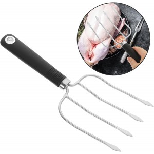 Stainless Steel Turkey Lifter Fork with Four Prongs for Barbecue and Roasting Heavy-duty Meat Carving Tool with Smooth Handle and Hanging Kitchen Meat Handler for Cooking