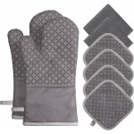 Oven Mitts and Pot Holders 8pcs Set, Cotton Oven Glove with Non-Slip Silicone Surface, Machine Washable Pot Holders, Extra Long Oven mits, Heat Resistant 500 °F, for Cooking, Grilling, Baking