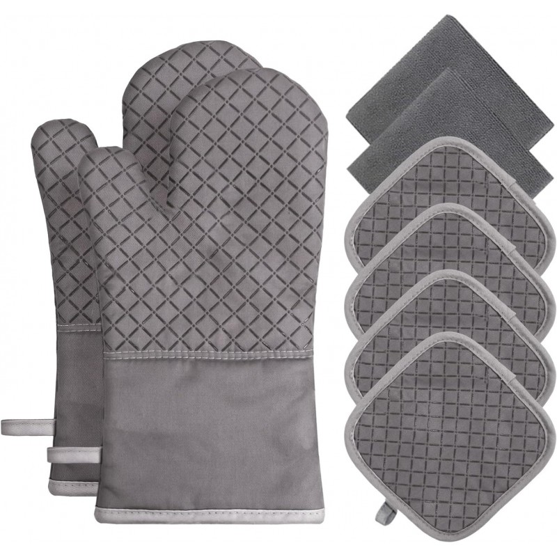 Oven Mitts and Pot Holders 8pcs Set, Cotton Oven Glove with Non-Slip Silicone Surface, Machine Washable Pot Holders, Extra Long Oven mits, Heat Resistant 500 °F, for Cooking, Grilling, Baking