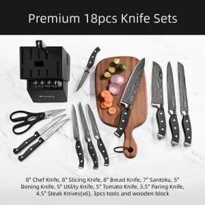 Knife Set, Emojoy 18-Piece Knife Sets for Kitchen with Block, Stainless Steel Kitchen Knives with Built-in Sharpener, Shears and Carving Fork, Black