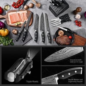 Knife Set, Emojoy 18-Piece Knife Sets for Kitchen with Block, Stainless Steel Kitchen Knives with Built-in Sharpener, Shears and Carving Fork, Black